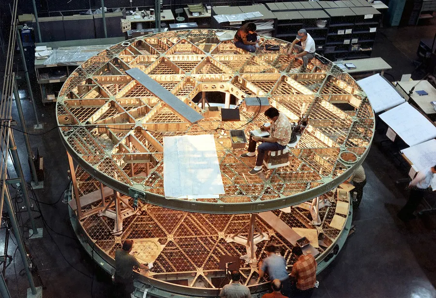 Skylab's orbital workshop being assembled, seen from above.