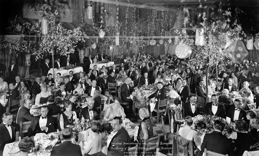 Guests at the first Academy Awards banquet in the Blossom Room of the Hollywood Roosevelt Hotel, 1929