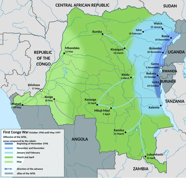 A map of the rebel advance across Zaire in the First Congo War, 1996 to 1997