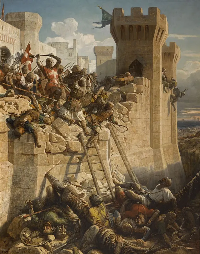 A later painting of the knights defending the walls of Acre during the siege of 1291