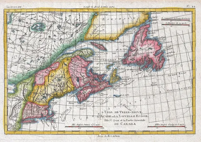 A map of New England and the Maritime Provinces by Rigobert Bonne, published in 1780