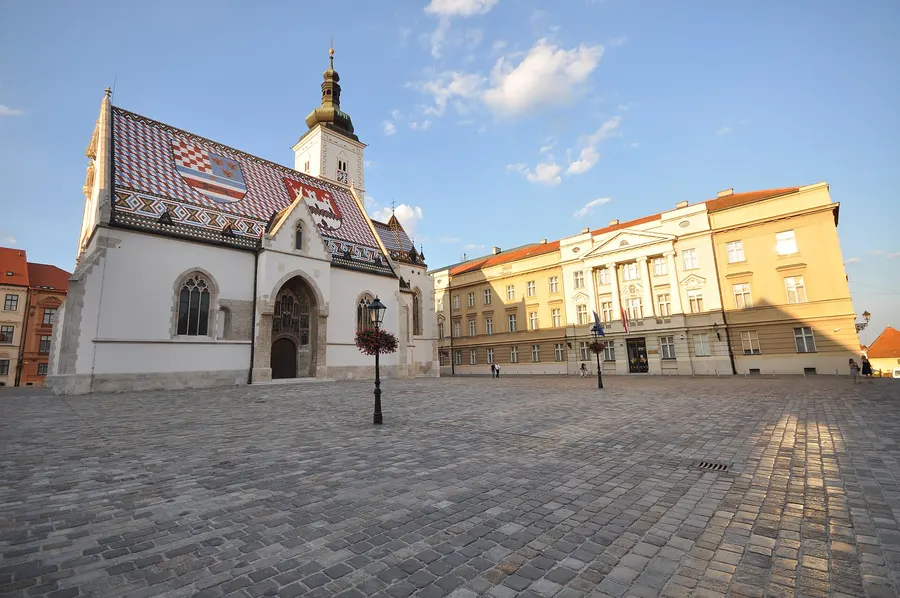 St Mark's Square in Zagreb, with St Mark's Church on the left and the Croatian Parliament building on the right