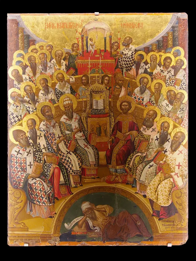 An icon showing Emperor Constantine and the bishops of the First Council of Nicaea