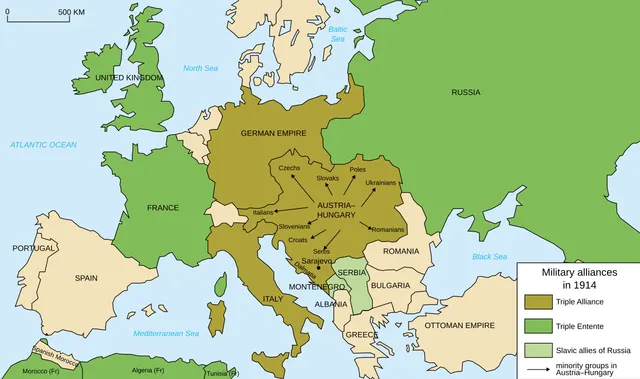 A map of Europe's military alliances in 1914, with the Triple Alliance states marked