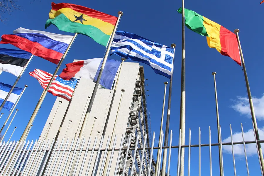 Flags of member states outside UNESCO's headquarters in Paris