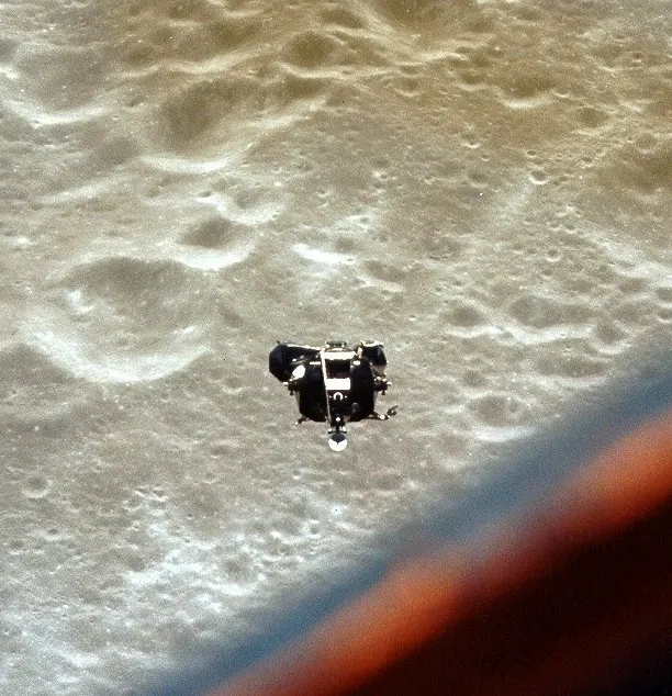 Apollo 10's lunar module Snoopy above the Moon's surface, photographed from the command module