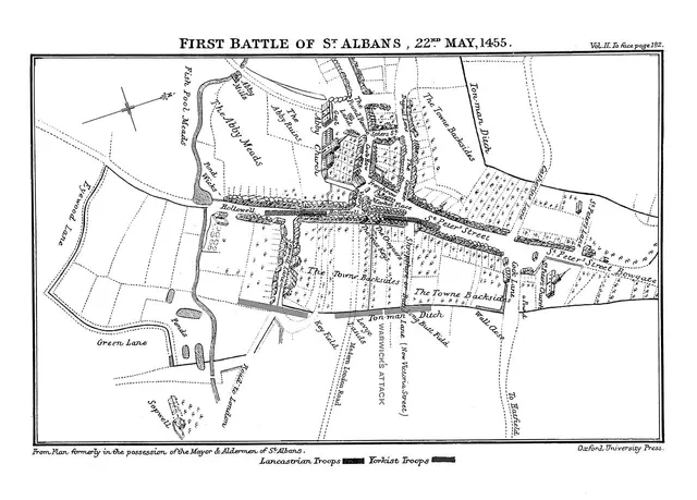 A plan of the town and the fighting at the First Battle of St Albans, 22 May 1455, from a Victorian history