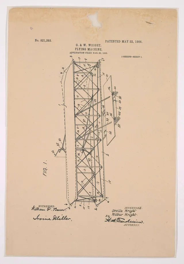 A drawing from the Wright brothers' flying-machine patent