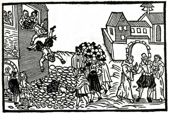 A woodcut from a 1618 news sheet showing the officials being thrown from the castle window