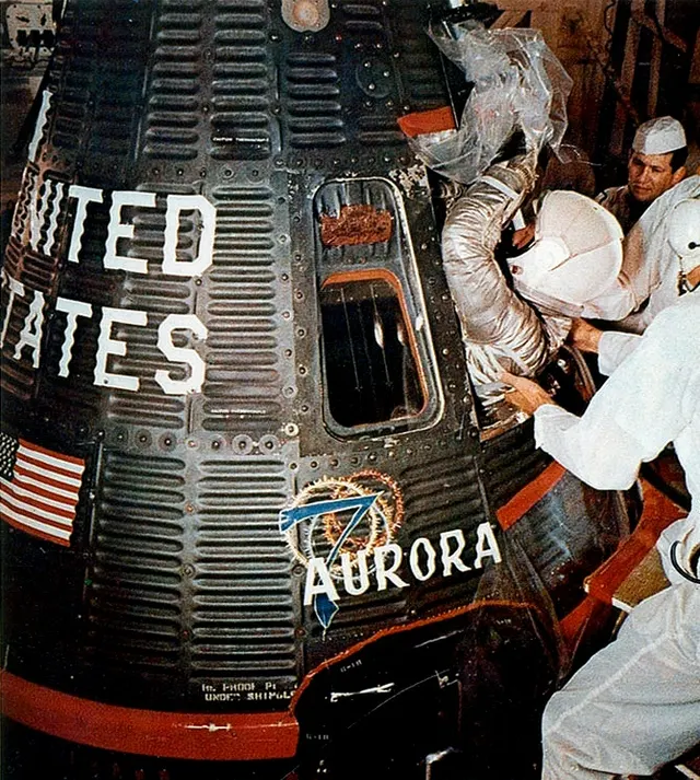 The Aurora 7 capsule being prepared for Scott Carpenter's flight