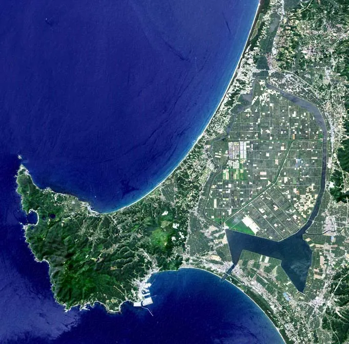 A satellite view of the Oga Peninsula and the Hachirōgata lagoon in Akita Prefecture, on the coast struck by the tsunami