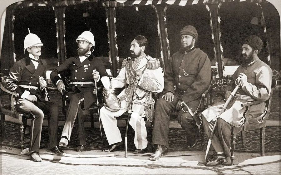 Emir Mohammad Yaqub Khan with British officers in May 1879, photographed by John Burke