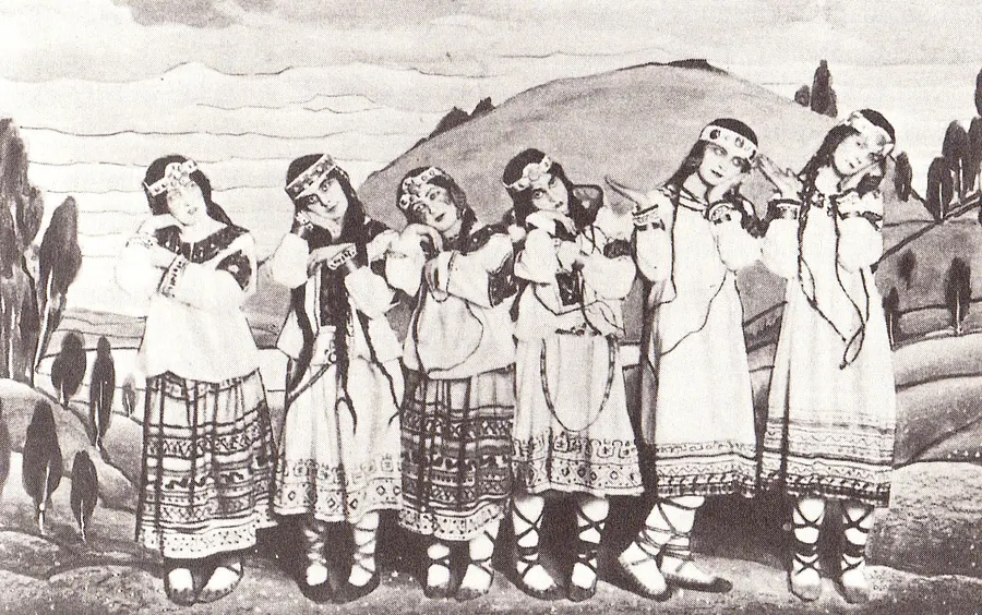 Dancers from the original 1913 production of The Rite of Spring, in costumes designed by Nicholas Roerich