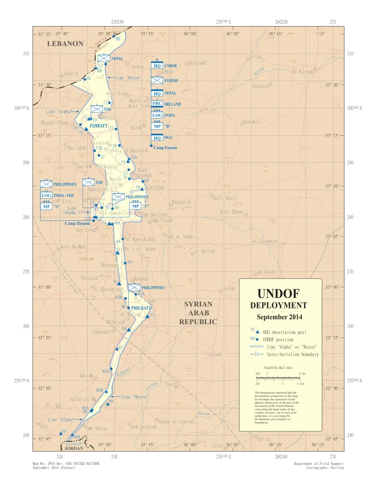 A United Nations map of the UNDOF area of separation on the Golan Heights, 2014