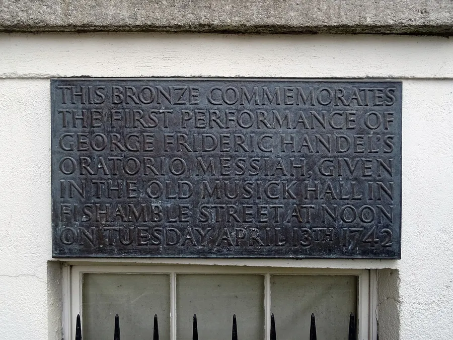 The bronze plaque in Fishamble Street, Dublin, marking the first performance of Messiah.