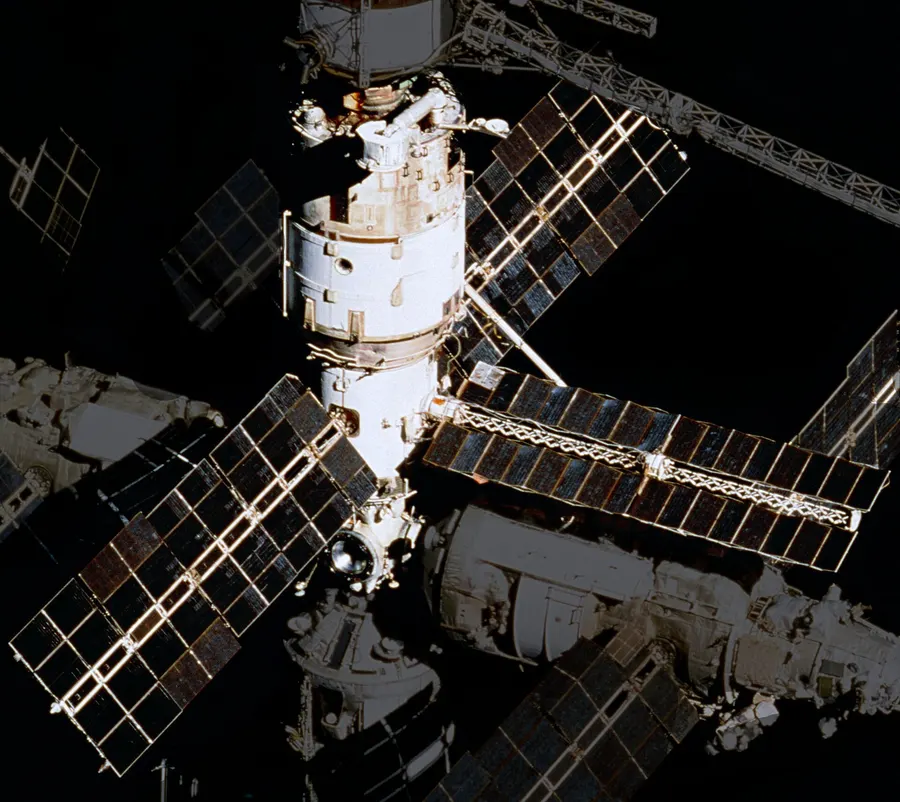 The Mir space station photographed from the space shuttle Atlantis in 1995, after more modules had been added.