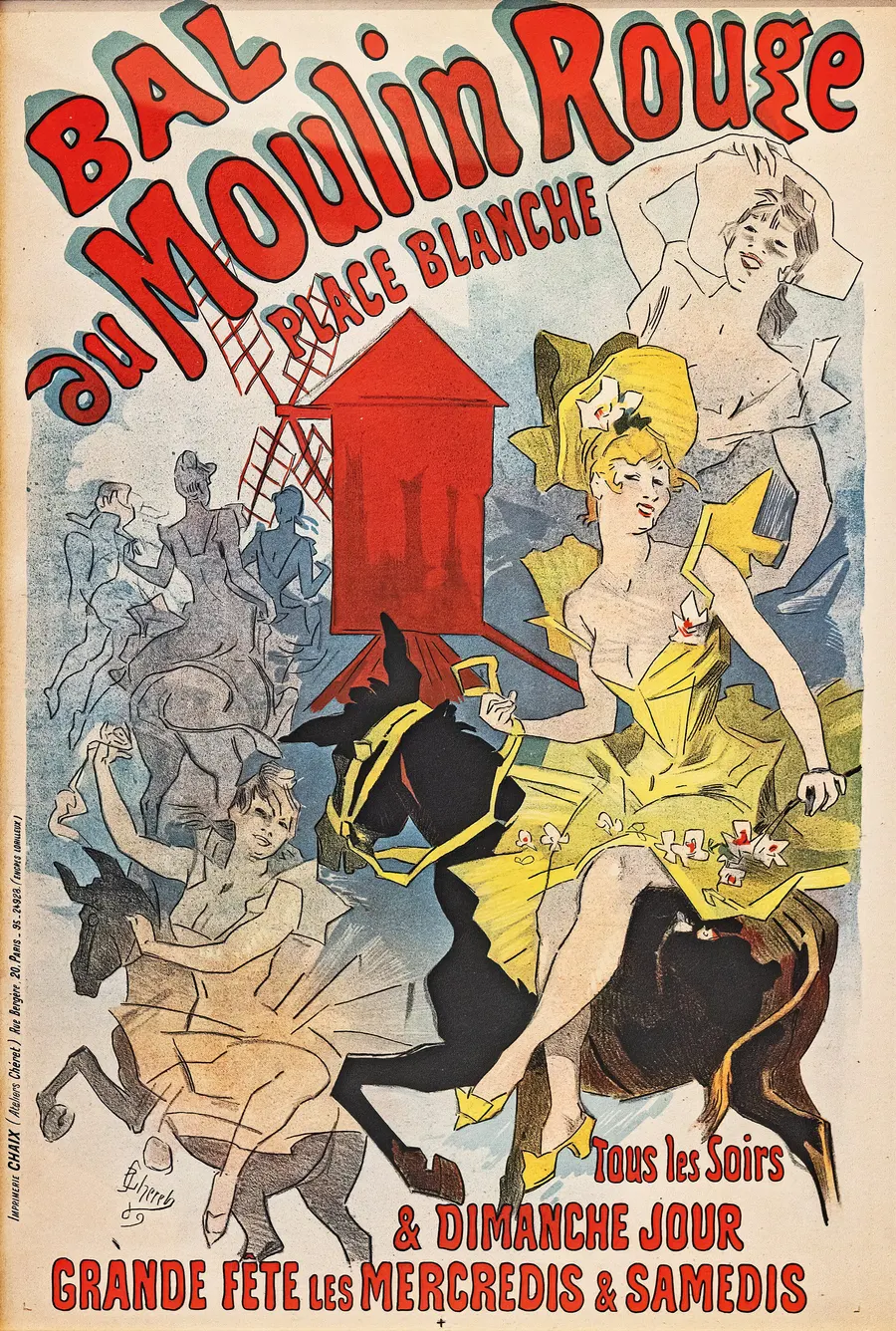 Jules Chéret's poster for the Bal au Moulin Rouge, place Blanche, 1889.