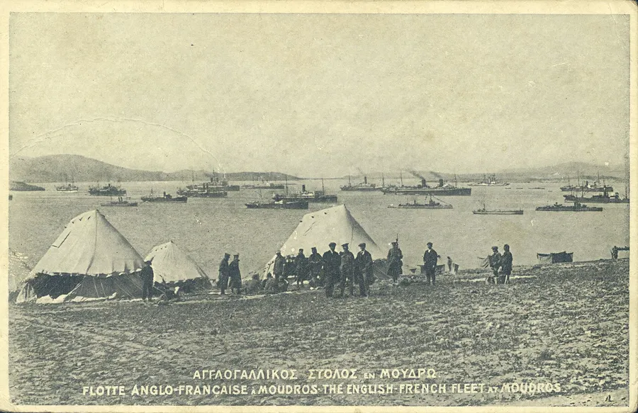 The British and French fleet at Mudros, on a Greek postcard of about 1918.