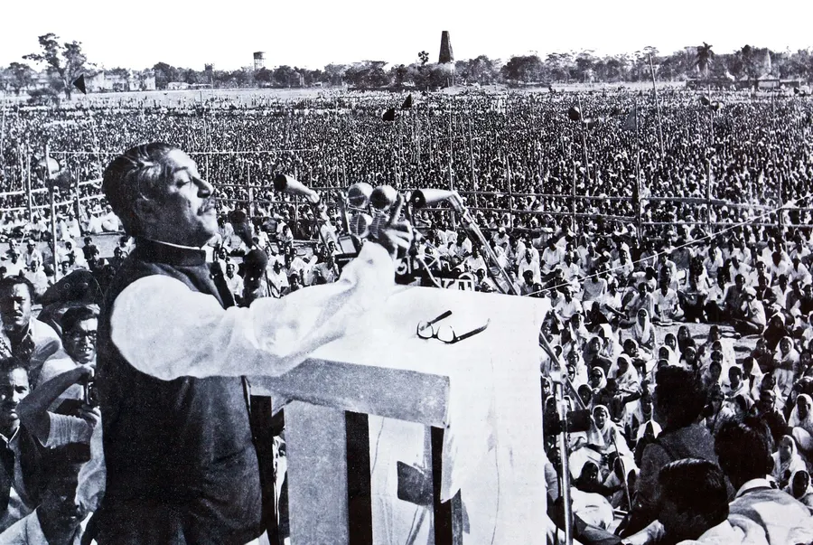 Sheikh Mujibur Rahman speaks at the Ramna Racecourse in Dhaka, 7 March 1971.