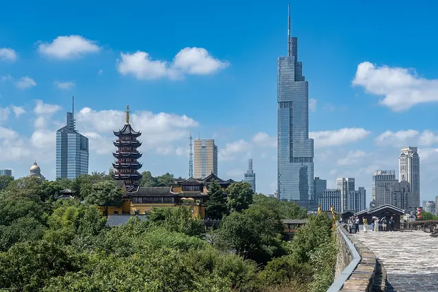 Nanjing today, with the Ming-era pagoda below the modern skyline.