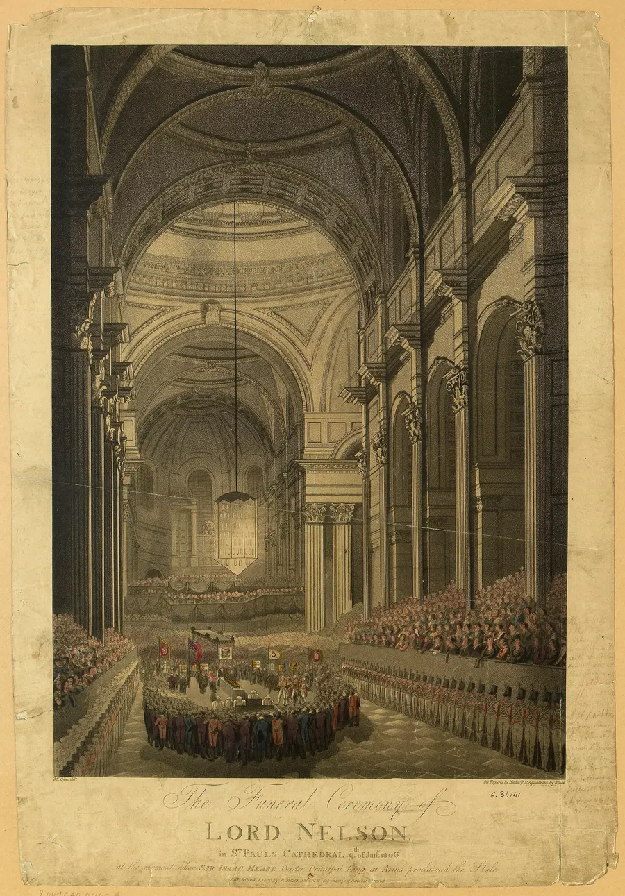 The funeral ceremony of Lord Nelson in St Paul's Cathedral, 9 January 1806, in an engraving by Nikolaus von Heideloff.