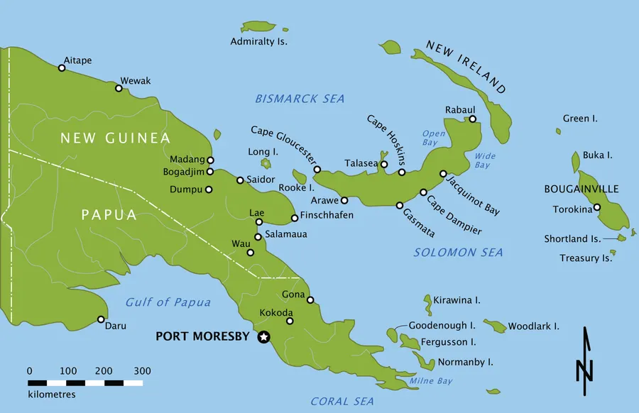 A map of New Guinea, Papua and Bougainville in 1942-45, with Lae and Salamaua on the Huon Gulf.