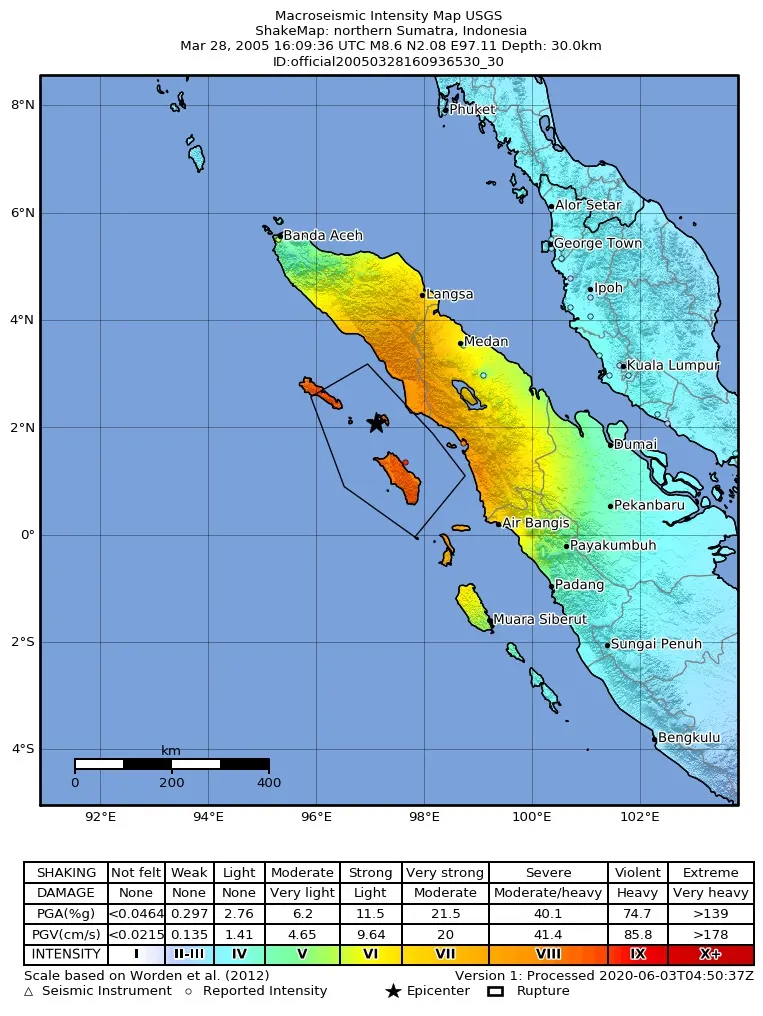A US Geological Survey map of the shaking in the 2005 Sumatra earthquake.