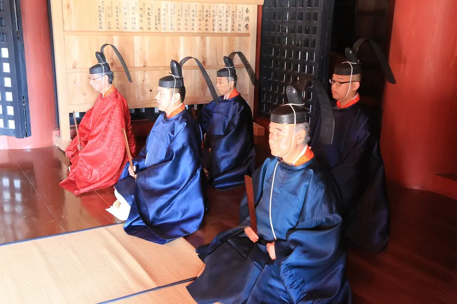 Priests at the Niiname-sai harvest rite at Hikosan Shrine, Japan, on 23 November 2015.
