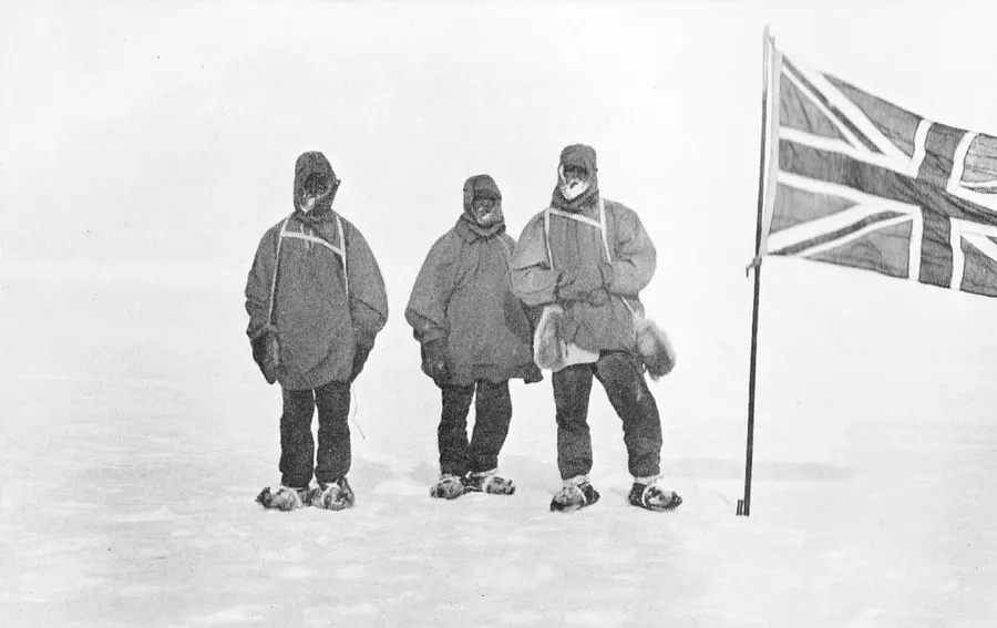 Eric Marshall, Frank Wild and Ernest Shackleton at their farthest south, 88°23'S, on 9 January 1909; photographed by Jameson Adams.