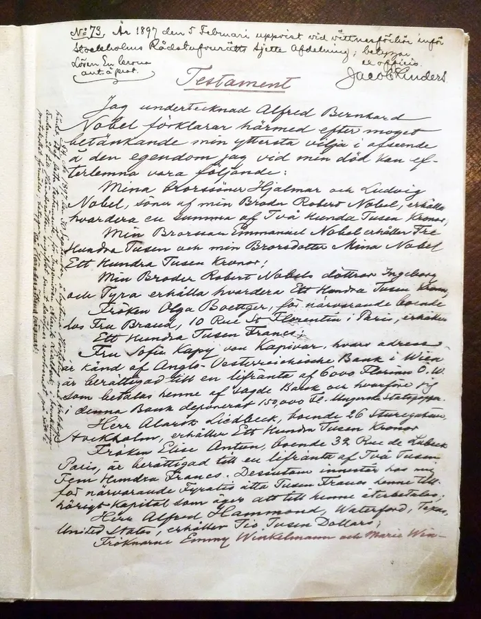 Alfred Nobel's will of 27 November 1895, which created the prizes.