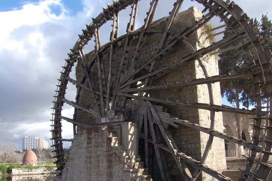 One of the great wooden water wheels, or norias, on the Orontes river at Hama.