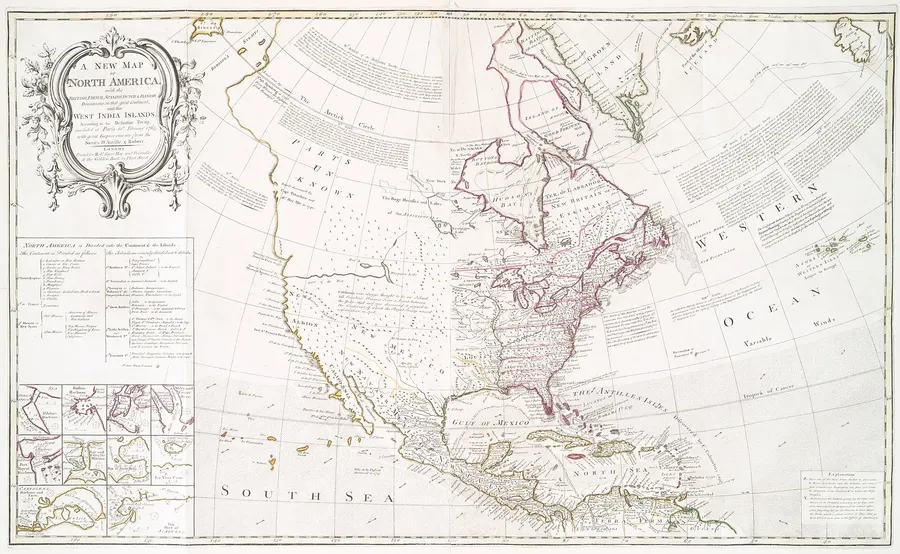 A new map of North America published in London in 1763, showing the colonies of the European powers 'according to the definitive treaty concluded at Paris'.