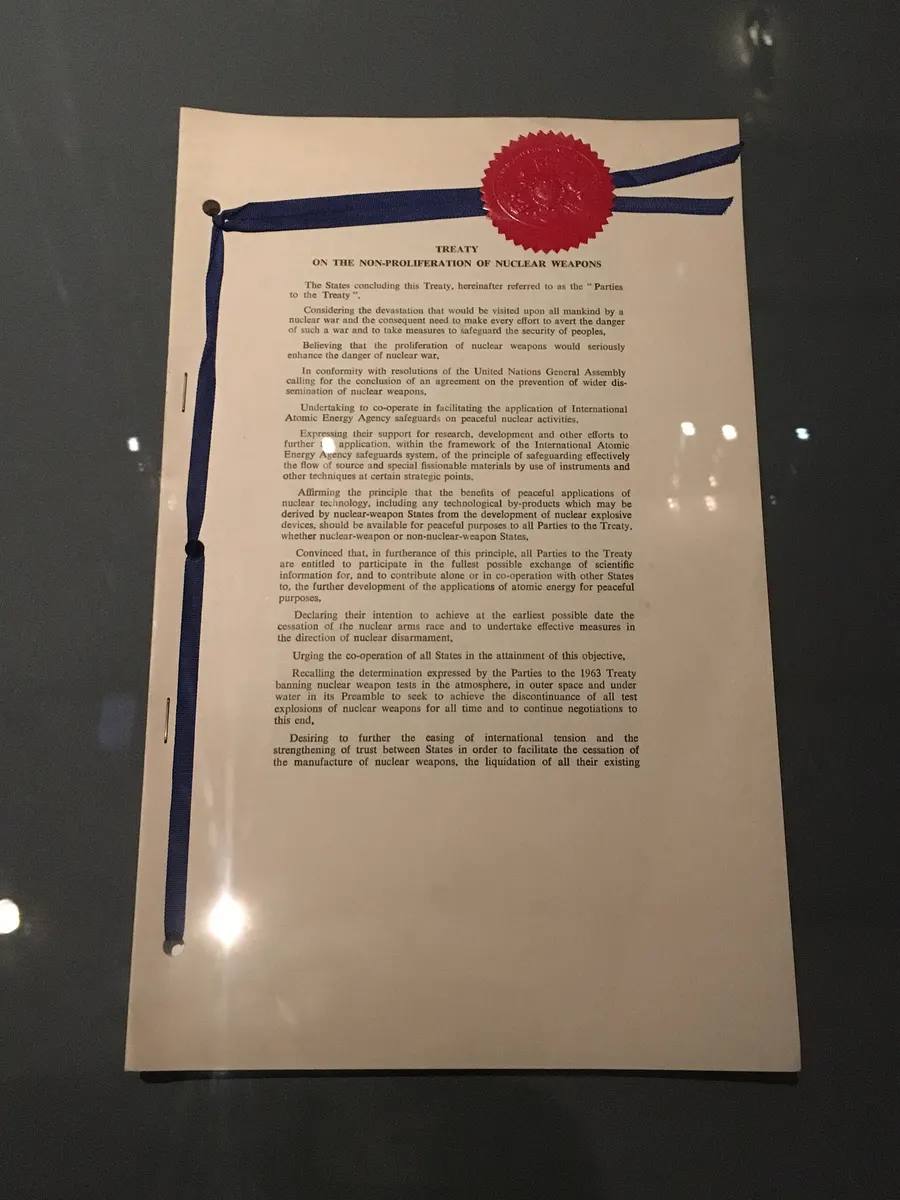 A signed copy of the Treaty on the Non-Proliferation of Nuclear Weapons on display