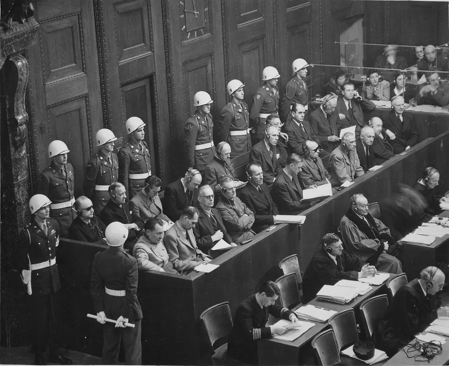 Looking down on the defendants' dock at the Nuremberg trials, 1945-46.