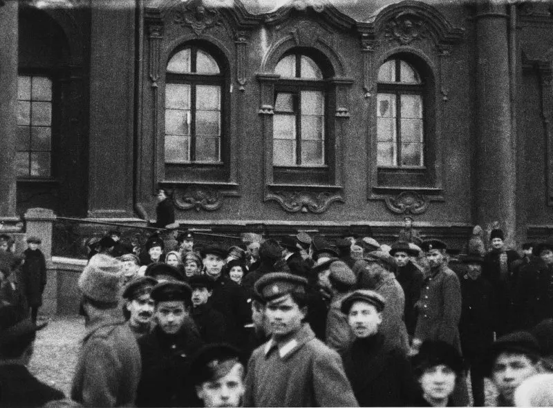 Crowds outside the Winter Palace after its capture, photographed by Pyotr Novitsky.