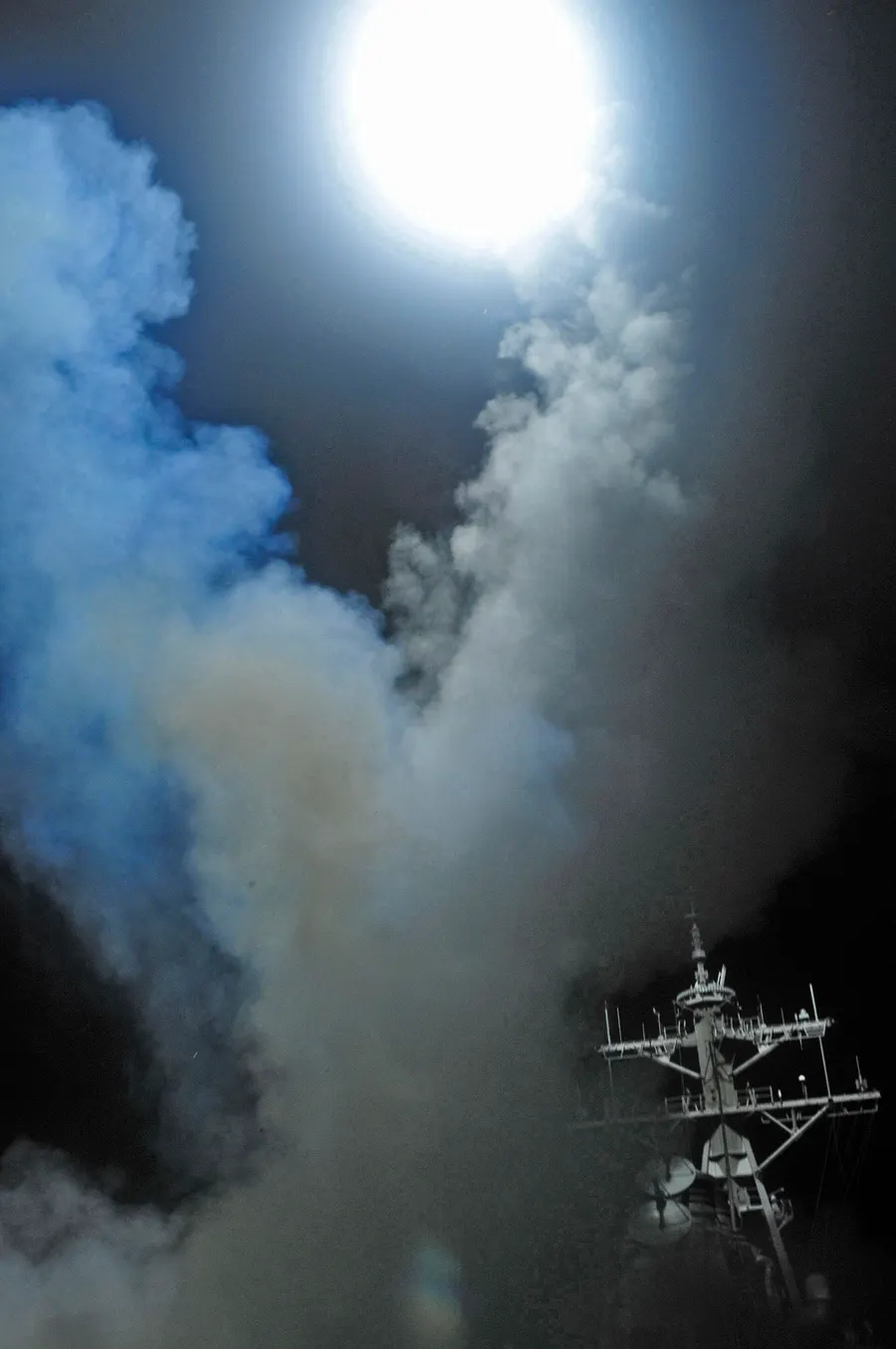 The destroyer USS Barry launches a Tomahawk missile against Libya, 19 March 2011.