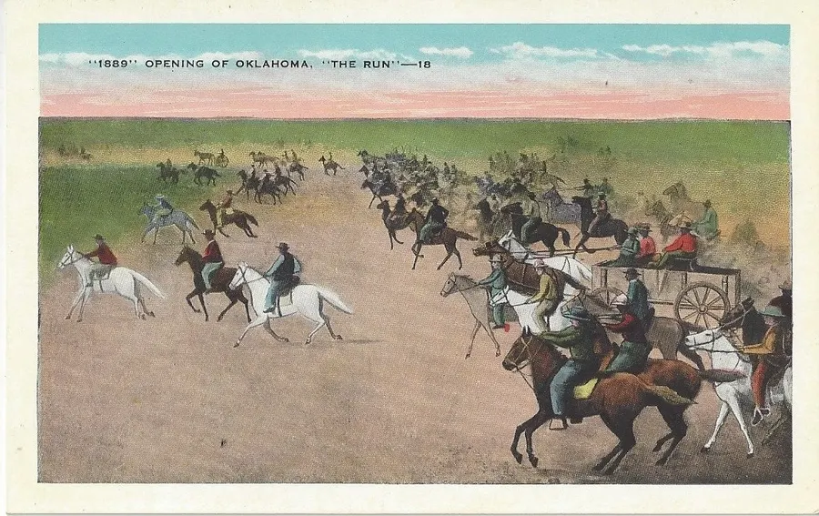 The opening of Oklahoma in 1889, as shown on an early postcard.