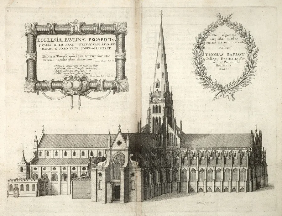 Old St Paul's Cathedral with its spire, where the lottery was drawn, seen from the south with its spire in an engraving by Wenceslaus Hollar.