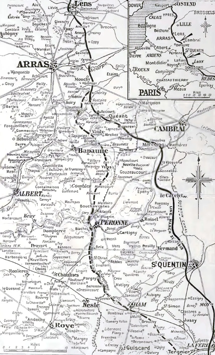 A map of the German advance of 21-23 March 1918, published in The Times.