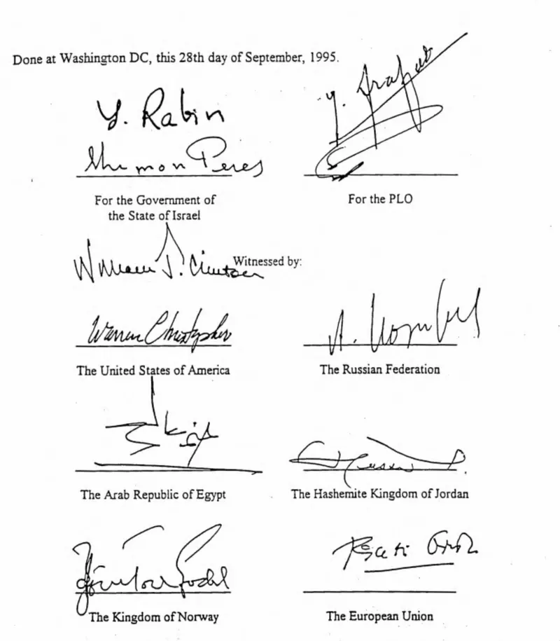 The signature page of the Oslo II agreement, signed in Washington on 28 September 1995.