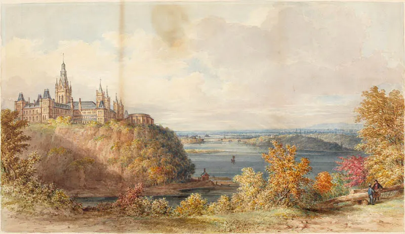 The new Parliament Buildings in Ottawa, painted in watercolour by James Duncan about 1866.