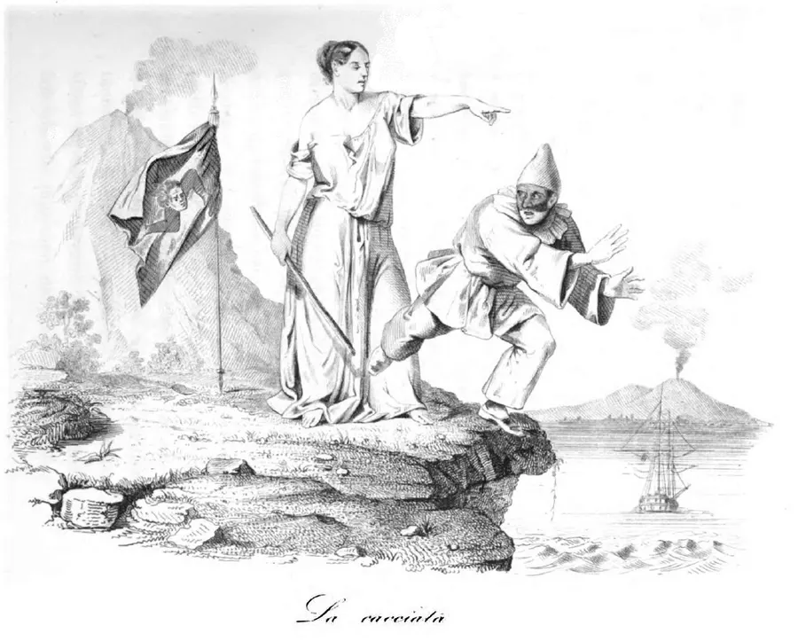 A satirical print of about 1850: Sicily, shown as a woman, turns away the Neapolitan government at the start of the 1848 revolt.