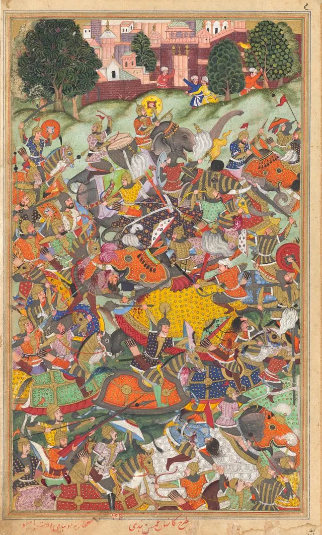 The defeat of Hemu at Panipat, painted by Kankar for the Akbarnama in the 1590s.