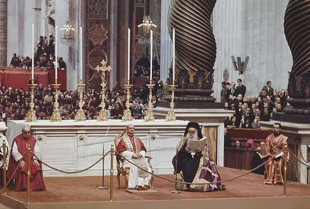 Patriarch Athenagoras I with Pope Paul VI at a service in St Peter's Basilica, Rome, in 1967.