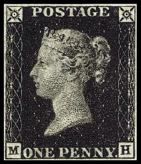 The Penny Black, with its profile of the young Queen Victoria.