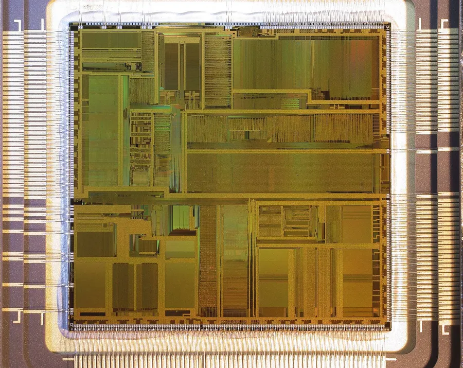 The silicon die of an early 66 MHz Intel Pentium processor.