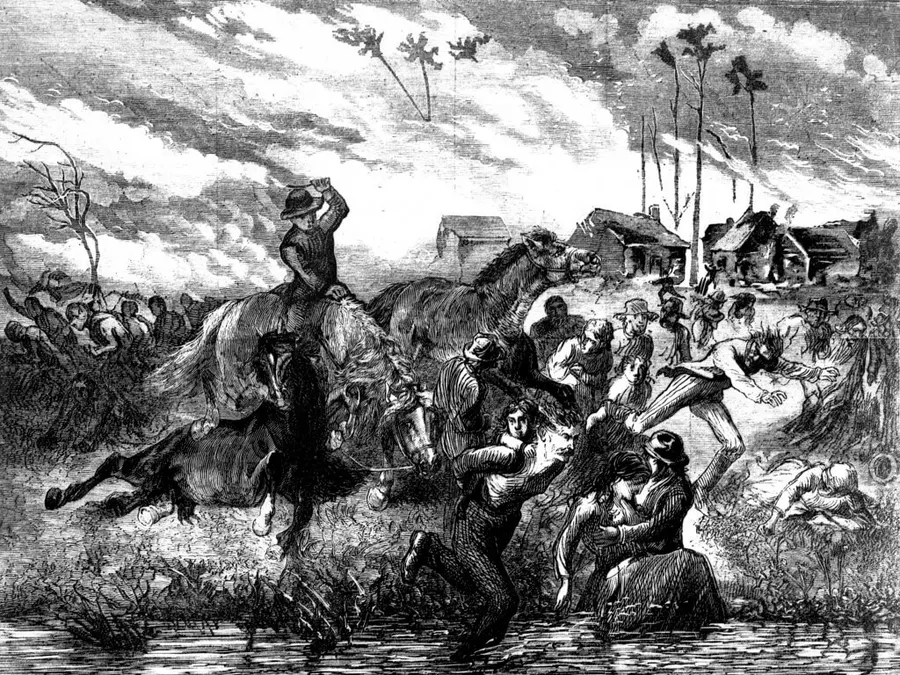 An illustration from Harper's Weekly in 1871, showing people taking refuge in the Peshtigo River.