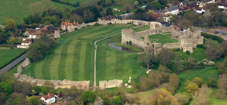 Pevensey Castle from the air. Its outer walls are those of the Roman fort near which William's army came ashore.