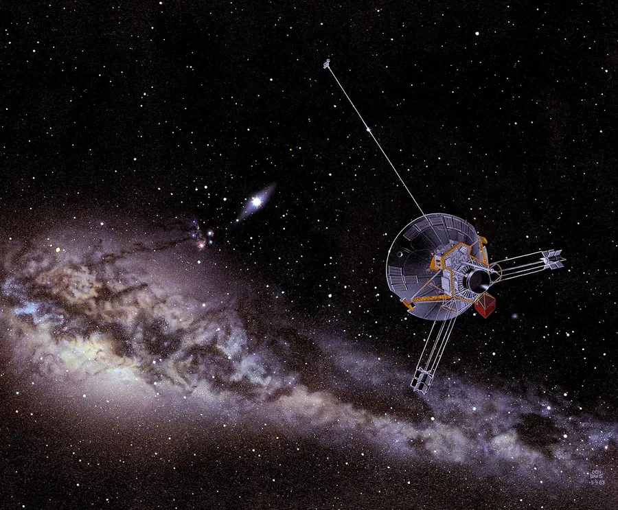 An artist's impression by Don Davis for NASA of a Pioneer spacecraft heading into interstellar space.
