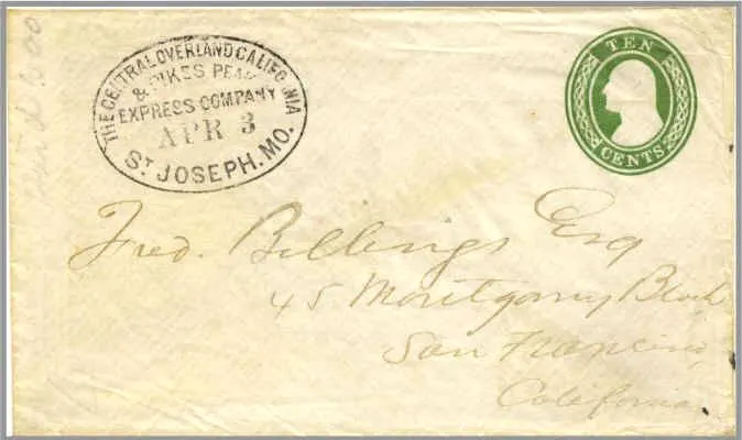 The only known surviving envelope from the first westbound Pony Express ride, postmarked at St Joseph, Missouri, on 3 April 1860.